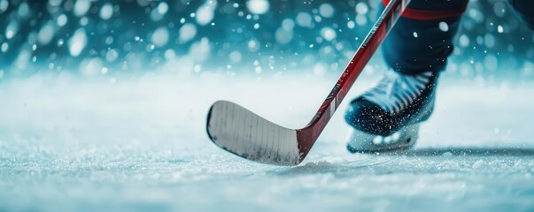 Closeup of a hockey player s stick hitting the puck, ice spraying around them, showing the precision and power of the play