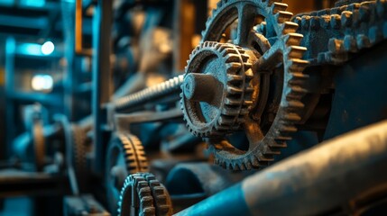 Fototapeta premium Close-up of Industrial Gears and Levers in Motion, Highlighting the Intricate Mechanisms of Sugar Processing Equipment.