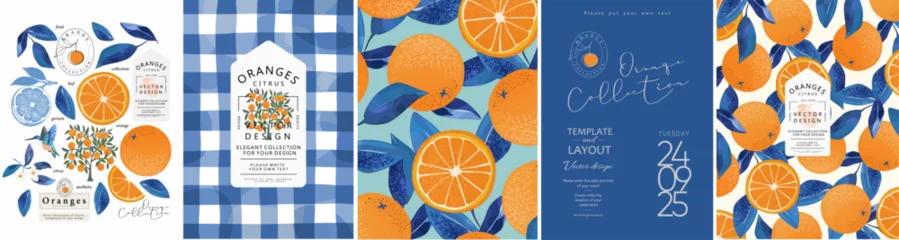 Fotobehang Vintage Poster Orange and blue leaves. Vector illustration of citrus, cut fruit, pattern for plant background, wedding invitation, greeting card, packaging, label, italian mediterranean poster  © Ardea-studio
