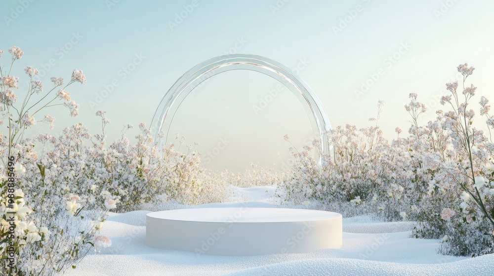 Poster abstract 3d rendering featuring a white podium on snowy ground surrounded by a field of flowers with