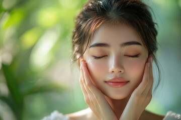 A young Thai woman applying Thai cosmetics to her face