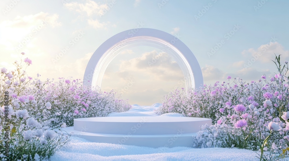 Poster abstract 3d rendering featuring a white podium on snowy ground surrounded by a field of flowers with