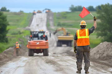 Road construction workers waving red flags to signal