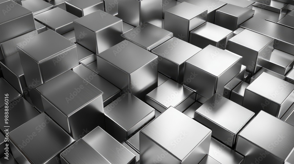 Poster abstract 3d illustration of silver aluminum cubes arranged in a shifted pattern creating a metallic 
