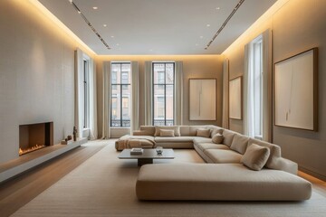 Fototapeta premium Spacious Modern Living Room with Large Windows and a Sectional Sofa