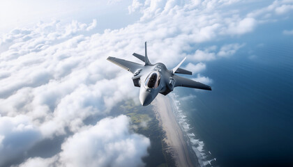 Top view of modern Fighting stealth multirole combat aircraft flying above clouds over ocean seashore landscape. Military technology and defence industry concept