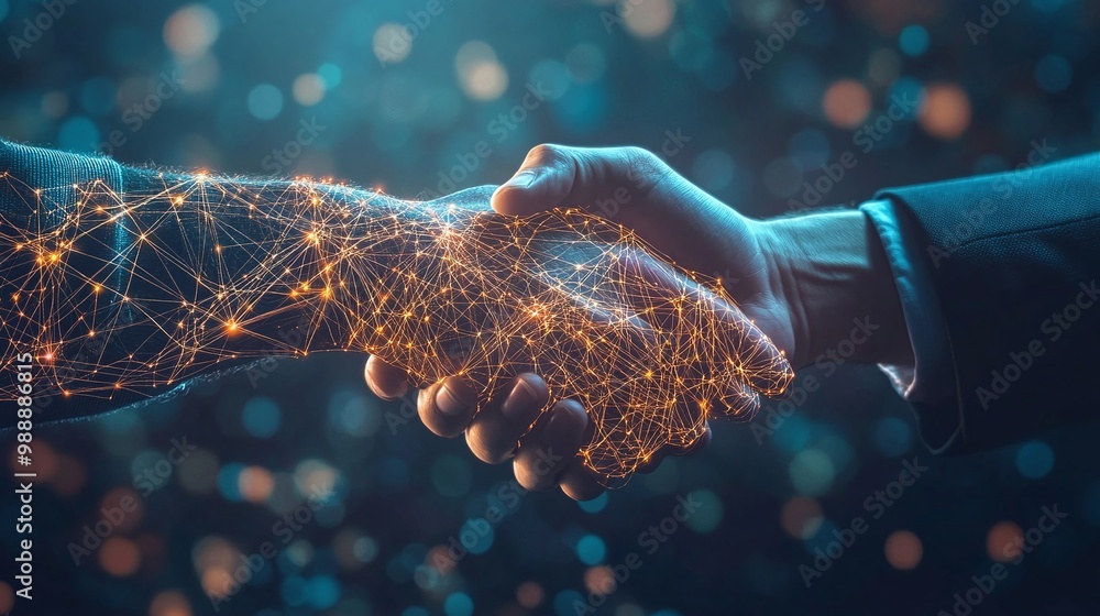 Poster handshake with digital network overlay representing professional collaboration business connectivity