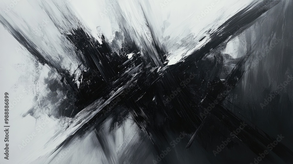 Poster monochrome abstract artwork featuring a blend of sharp strokes and soft blurs resulting in a captiva