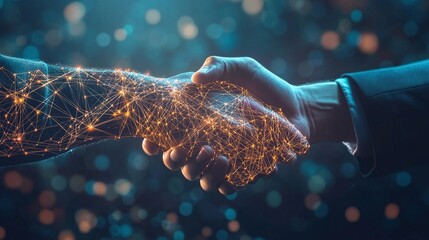 handshake with digital network overlay representing professional collaboration business connectivity and technological innovation in an abstract background highlighting partnership and global success