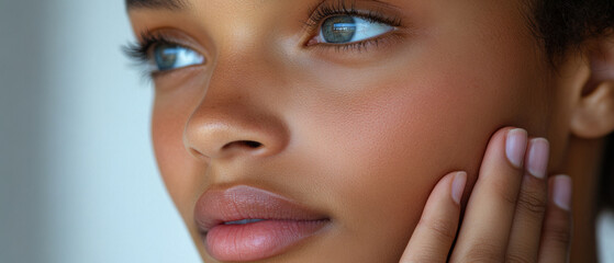 Close-up of a thoughtful young woman touching her face, highlighting beautiful skin and serene expression.