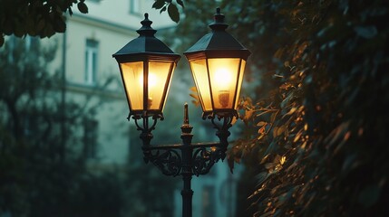 classic vintage double streetlamp glowing in the evening dusk its warm light casting long shadows...