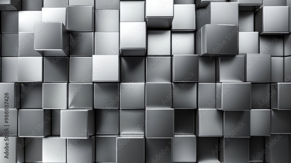 Poster abstract 3d illustration of silver aluminum cubes arranged in a shifted pattern creating a metallic 