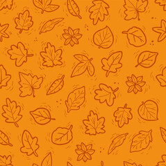 Seamless pattern of fallen leaves. Multi-directional, autumn colors, brown, orange, yellow. Worm fall, autumn design.
