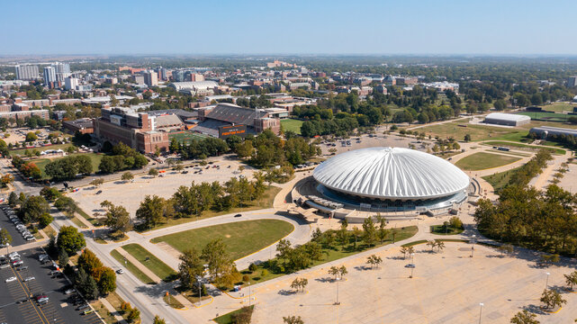 Champaign, IL, USA - September 18, 2024: An aerial view of The Memorial Stadium and State Farm Center at the University of Illinois for the Fighting Illini sports teams and events.
