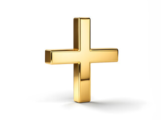 Obraz premium Shiny golden cross mark symbol on white background, metallic gold plus mark sign on the white floor