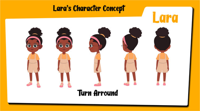 A cute girl cartoon character turnaround sheet AKA Lara, little curly hair girl cartoon vector.