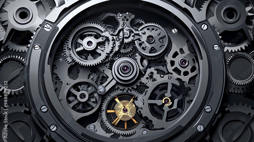 Poster close-up of intricate clockwork mechanism with multiple gears interlocked and moving.