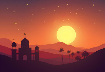 Obraz premium Night city buildings. Mosque and house silhouettes. Old arabian cityscape. Sunset town scenery. Sundown mountains. Arab evening. Scenic sky. Vector urban panorama background illustration 