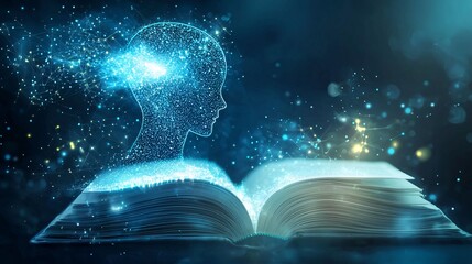 A glowing digital interface hovers over an open book on a wooden desk, creating a futuristic educational concept.