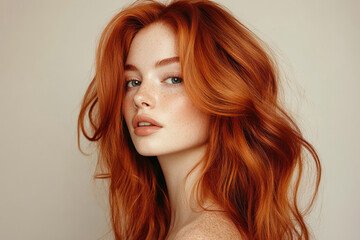A fashionable woman with vibrant copper hair, posing confidently against a light background
