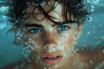 Captivating close-up of a young man submerged in water, with vivid blue eyes that pierce through the surface. Water droplets, bubbles surround, tousled hair, freckled skin, clarity, surreal, dreamy