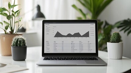 A clean and modern financial dashboard displayed on a laptop screen, surrounded by several potted plants in a well-lit office setting.