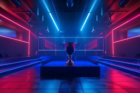 champion cup of e sports gaming challenge tournament, red vs blue team of player, 3d illustration rendering, gamer teamwork battle, cyberpunk scifi stage room arena