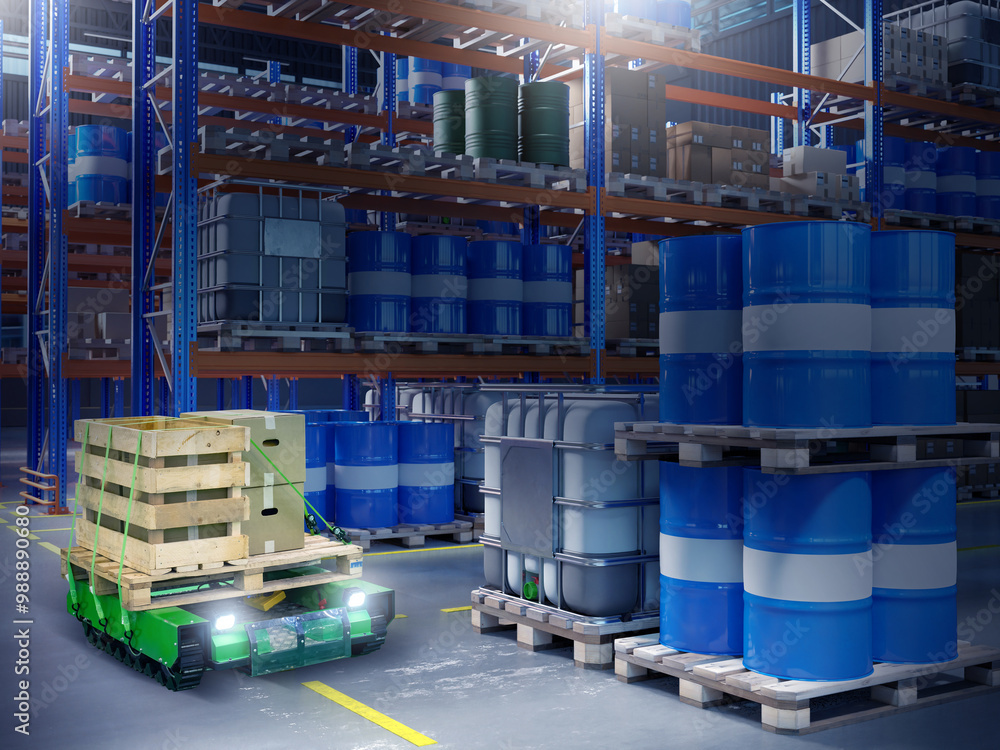 Poster warehouse robot. automatic trolley for transporting pallets. robot moves boxes around warehouse. aut