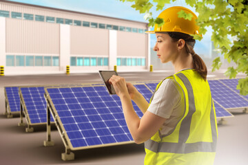 Woman from energy company. Solar panels. Girl engineer. Solar generators near warehouse. Mini power station from sunlight. Generators for producing electricity. Woman controls operation solar panels