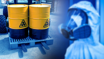 Barrels with toxic products. Radioactive fuel. Danger symbol on barrels of chemicals. Blurred...