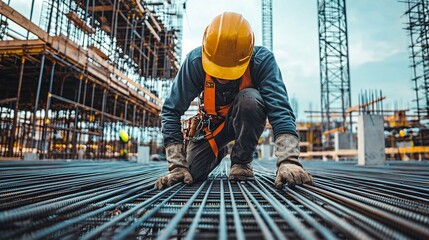 Image of a construction worker crouching down to inspect steel rebar at a construction site.
