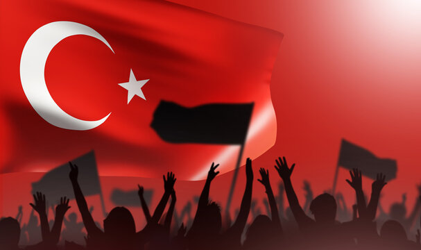 Flag turkey. Silhouette rioting people. Crowd with banners carried Turkish flag. Revolt of Turkish people. Political flag. Strike rioting residents of Turkish cities. Rebels with banners. 3d image