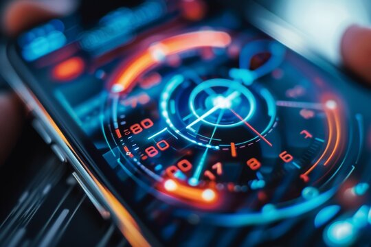 Checking internet speed. Results of internet speed test. Mobile phone screen with accelerometer with high values of internet speed