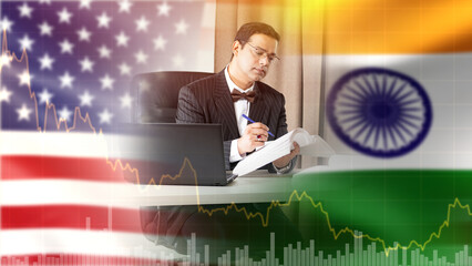 Business dinner. Flags of India and USA. Man investor. Falling investment chart. Concept of...