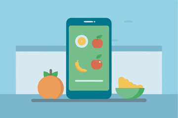 Fototapeta premium Image: Phone displaying fruit icons on a table with real fruits. Background is light blue-gray, creating a serene vibe.
