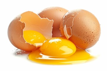 Chicken eggs and half broken egg with yolk isolated on white background