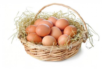 Chicken eggs in basket isolated. Organic food isolated on white background