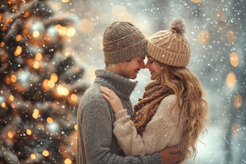 A romantic Christmas card featuring a loving couple holding hands