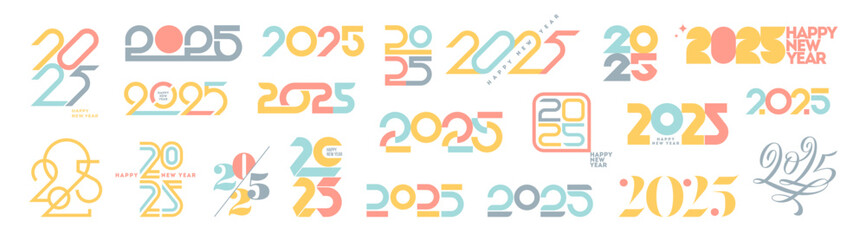 Multicolored set of 2025 new year logo. Number of year text design. Design elements for greeting card, invitation, calendar, etc. Vector illustration.