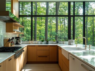 Fototapeta premium A kitchen with a sink and a stove. The sink is white and the stove is black. There are two sinks in the kitchen
