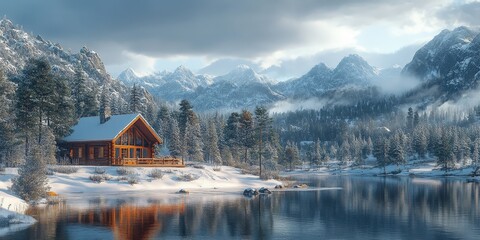 Fototapeta premium Cozy Cabin in Serene Snowy Mountain Landscape