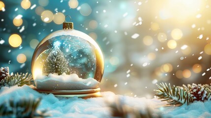 Christmas empty glass snow globe stands in snowy, green tree branches along the borders, background of blue gold blurred light bokeh. Realistic 3d design Xmas magical snow ball. vector illustration