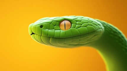 Close up of a vibrant green snake with striking yellow eyes against a warm orange background during daylight.