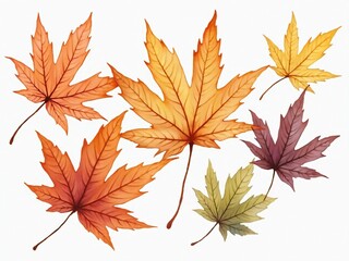 Fototapeta premium カエデ・紅葉した赤・緑・紫・オレンジの葉が白い背景の上に散らばって敷き詰められている水彩画風の手書き風のイラスト A hand-drawn watercolor-style illustration of maple leaves in red, green, purple, and orange autumn colors scattered and spread across a white 