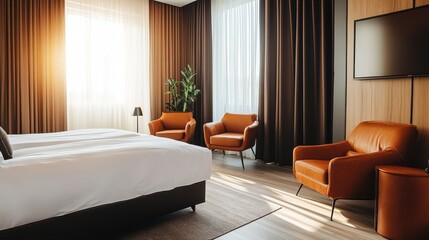Obraz premium Contemporary Hotel Room Interior Emphasizing Natural Light and Modern Design