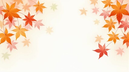 カエデ・紅葉した赤・緑・紫・オレンジの葉が白い背景の上に散らばって敷き詰められている水彩画風の手書き風のイラスト　A hand-drawn watercolor-style illustration of maple leaves in red, green, purple, and orange autumn colors scattered and spread across a white 