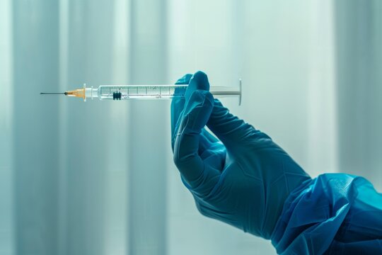 Close up hand of doctor in blue latex glove and medical gauze mask with transparent syringe. Health and vaccination concept