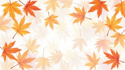 カエデ・紅葉した赤・緑・紫・オレンジの葉が白い背景の上に散らばって敷き詰められている水彩画風の手書き風のイラスト　A hand-drawn watercolor-style illustration of maple leaves in red, green, purple, and orange autumn colors scattered and spread across a white 