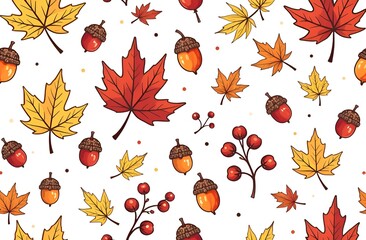 Obraz premium Seamless pattern with leaves, acorns and berries, autumn, textile and paper pattern, holiday background, pattern, banner, thanksgiving, halloween, nice, AI art work