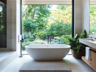 Fototapeta premium A large white bathtub with a plant in it. The plant is in a basket. The bathroom has a window and a mirror